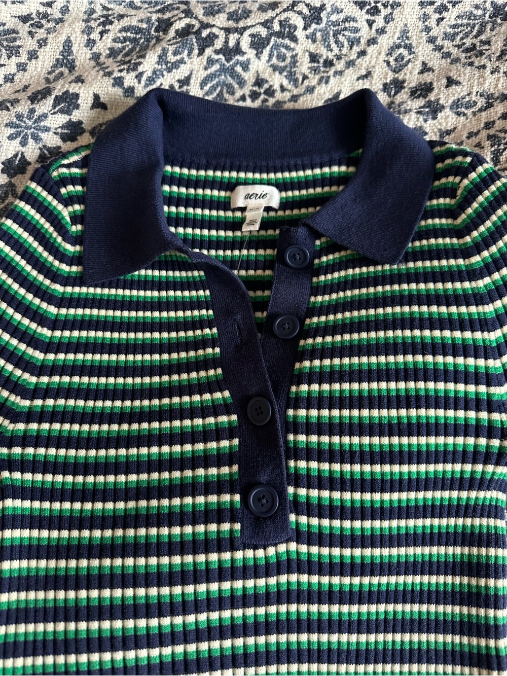 aerie Navy, Green & White Striped Ribbed Polo Tee - Picture 2 of 6